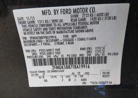 2015 Ford Flex Se from USA, damaged, VIN 2FMGK5B87FBA19916